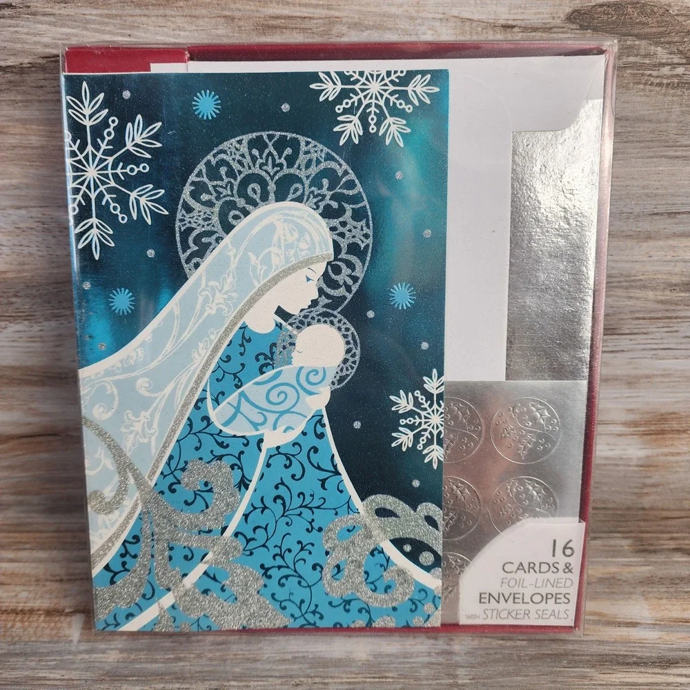 American‎ Greetings 16 Christmas Cards Mary and Baby Jesus Foil Lined Envelopes